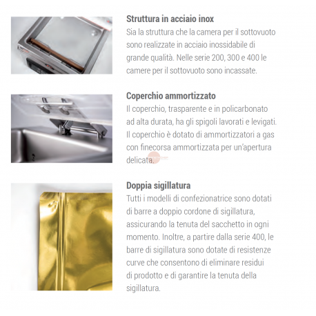 SOTTOVUOTO A CAMPANA - STRUTTURA IN ACCIAIO INOX - POMPA BUSH DA 4 m³/h. - BARRA SALDANTE 280 mm - DISPLAY DIGITALE CON INDICATORE DELLA PERCENTUALE DEL VUOTO - IDEALE ANCHE PER LIQUIDI - POTENZA 100 W - DIMENSIONI ESTERNE CM L 33,7 X P 43,1 X H 30,7 SOTTOVUOTO A CAMPANA - STRUTTURA IN ACCIAIO INOX - POMPA BUSH DA 4 m³/h. - BARRA SALDANTE 280 mm - DISPLAY DIGITALE CON INDICATORE DELLA PERCENTUALE DEL VUOTO - IDEALE ANCHE PER LIQUIDI - POTENZA 100 W - DIMENSIONI ESTERNE CM L 33,7 X P 43,1 X H 30,7