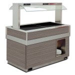 ISOLA BUFFET CALDO SECCO - CAPPA FISSA IN VETRO - COSTRUZIONE ACCIAIO INOX - PANNELLI MULTISTRATO FINITURA IN LEGNO - COLORE PINO ARTICO - ILLUMINAZIONE CON LAMPADE RISCALDANTI - TEMPERATURA +30°/+90°
